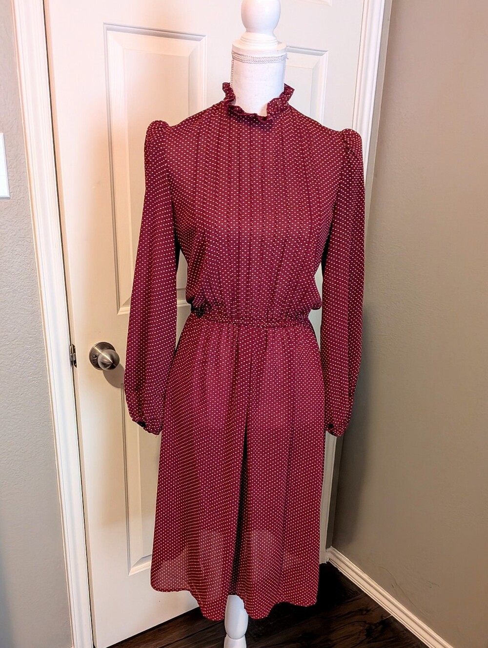 Vintage Burgundy Polka Dot Long-Sleeve Midi Dress